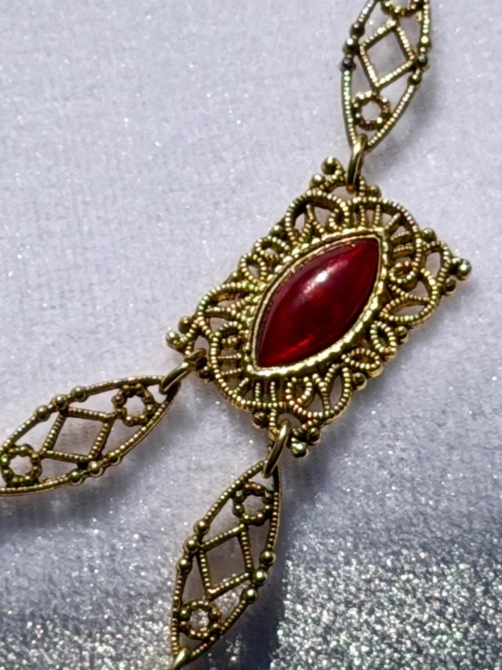 Vintage TOFFANO 1970s Red Cabochon Filigree Festoon Necklace